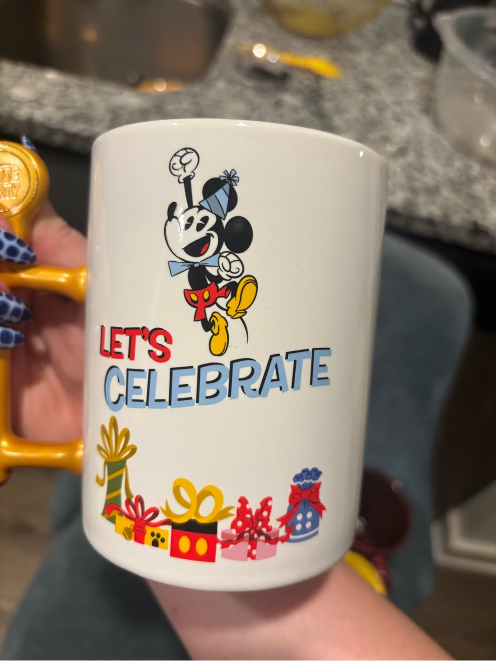Disney White Mug with Yellow Handle and Multicolor Mickey Celebration Art
